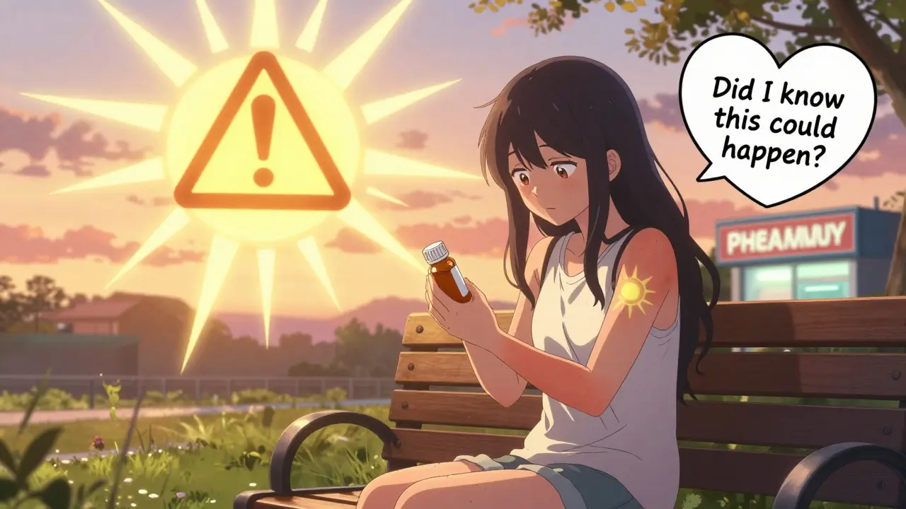 Une femme se tient dans un parc, regardant son bras brûlé par le soleil, tandis qu'un symbole solaire géant flotte au-dessus d'elle.