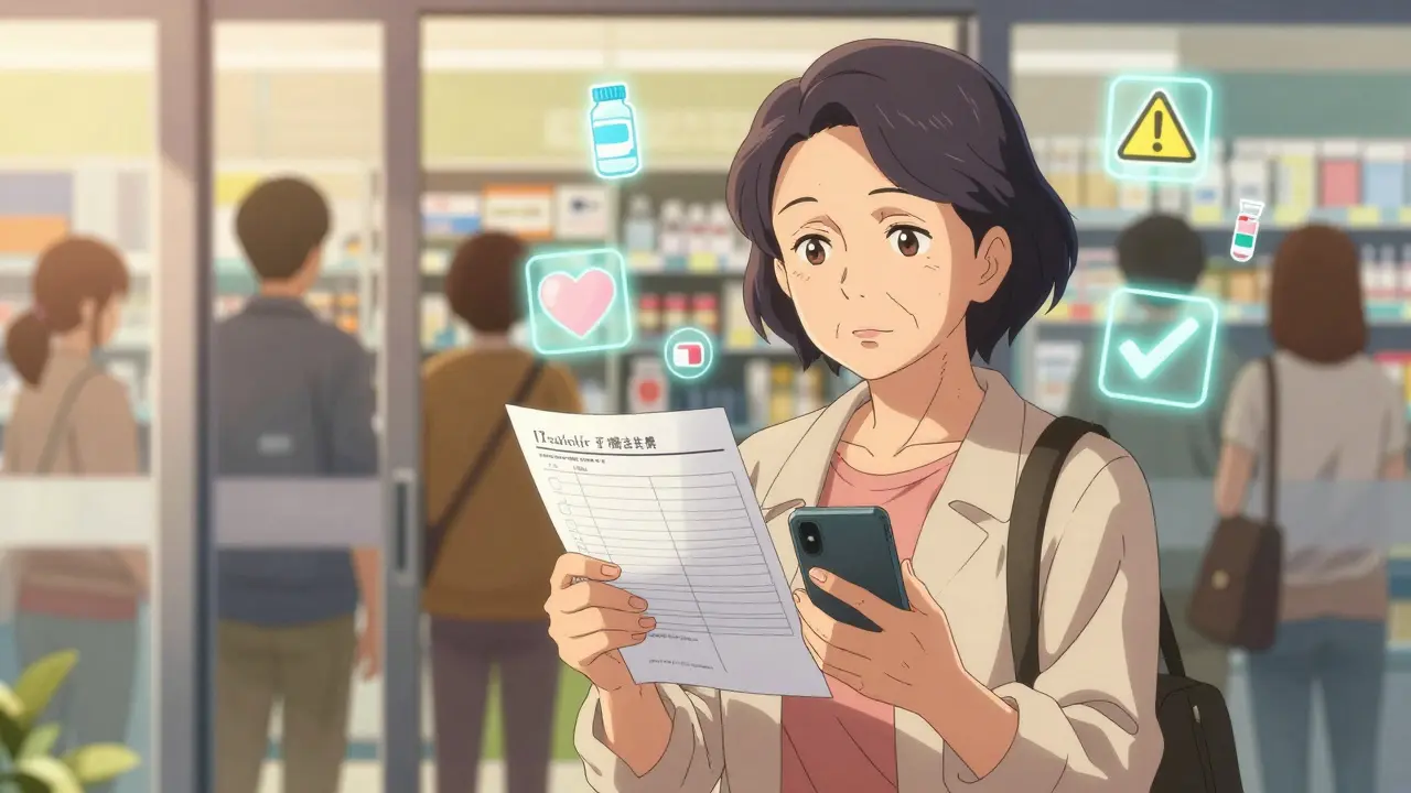 Une femme tient sa liste de médicaments devant une pharmacie, des icônes numériques flottent autour d'elle.