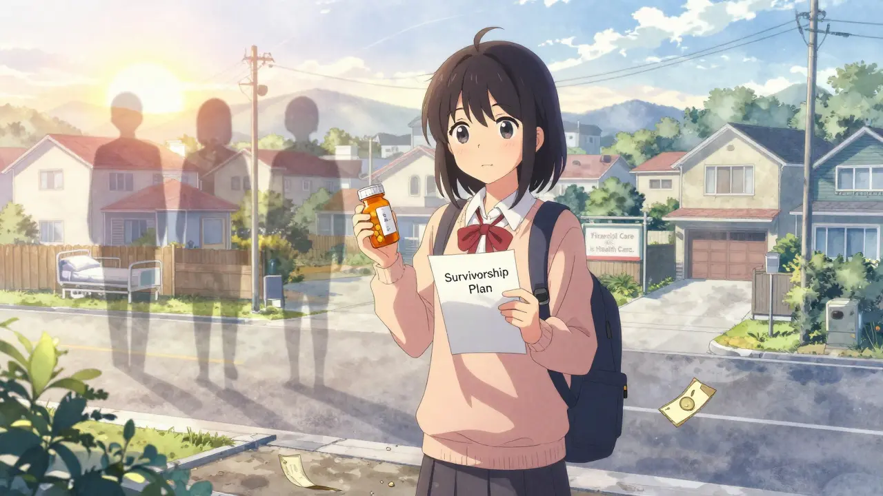 Une survivante du cancer regardant le lever du soleil, les ombres de ses dettes s'évanouissant dans la lumière.