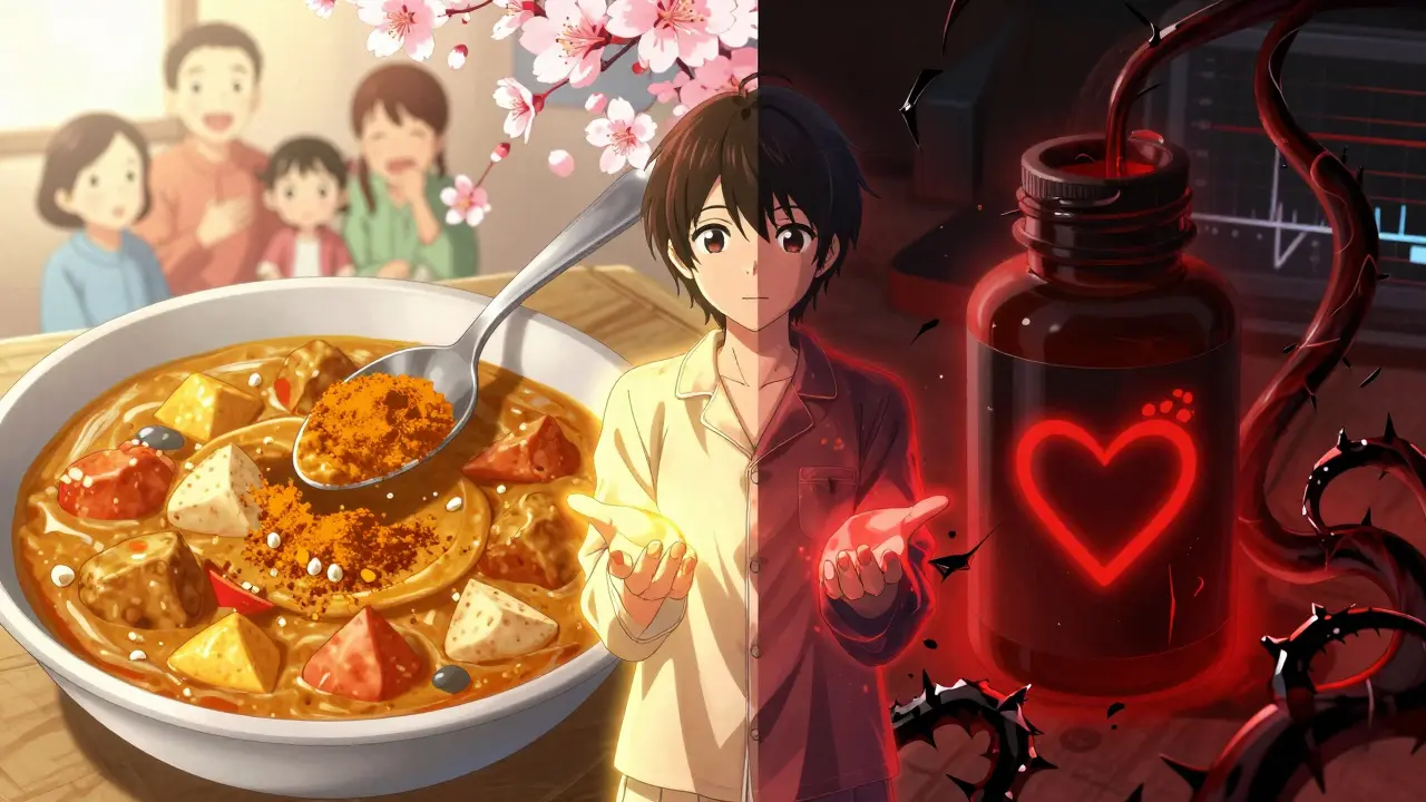 Contraste entre une cuillère de curcuma en cuisine et une gélule dangereuse avec des tentacules noirs.