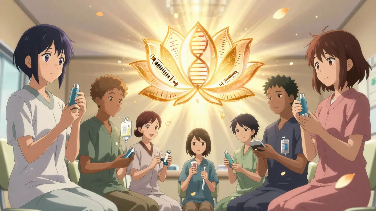 Des patients tiennent des dispositifs médicaux combinés sous une lumière dorée, entourés de symboles de santé et d'espoir.