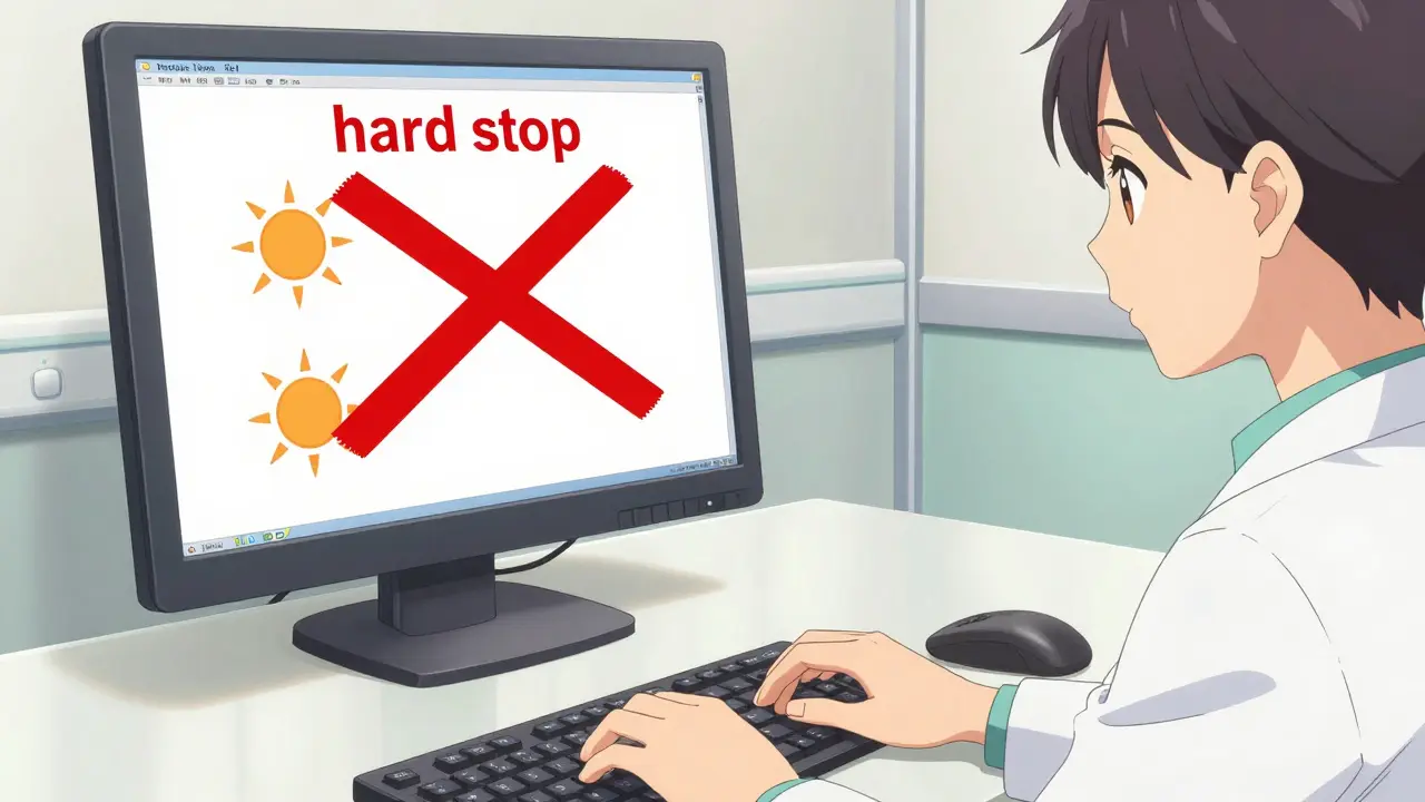 Écran d'un système EHR affichant un avertissement rouge avec des symboles de médicaments barrés.