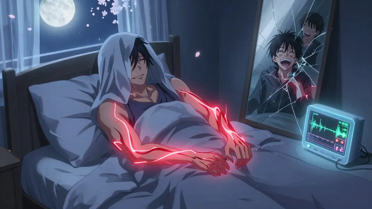 Homme agité pendant son sommeil, avec des symboles de troubles du sommeil et un miroir brisé.