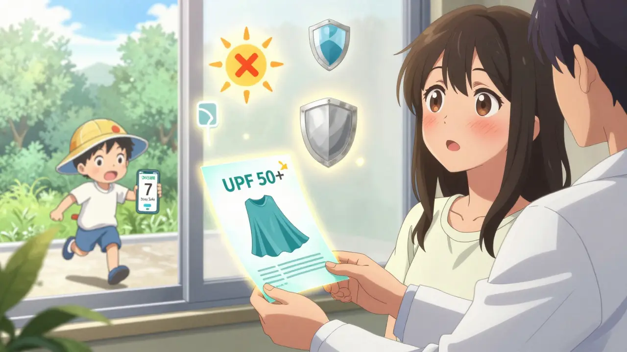 Médecin remettant un flyer de prévention solaire à une patiente, avec des symboles de protection solaire flottants.