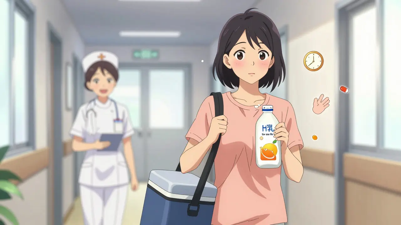 Mère voyageant avec un sac isotherme de lait maternel étiqueté, accompagnée d'une infirmière.