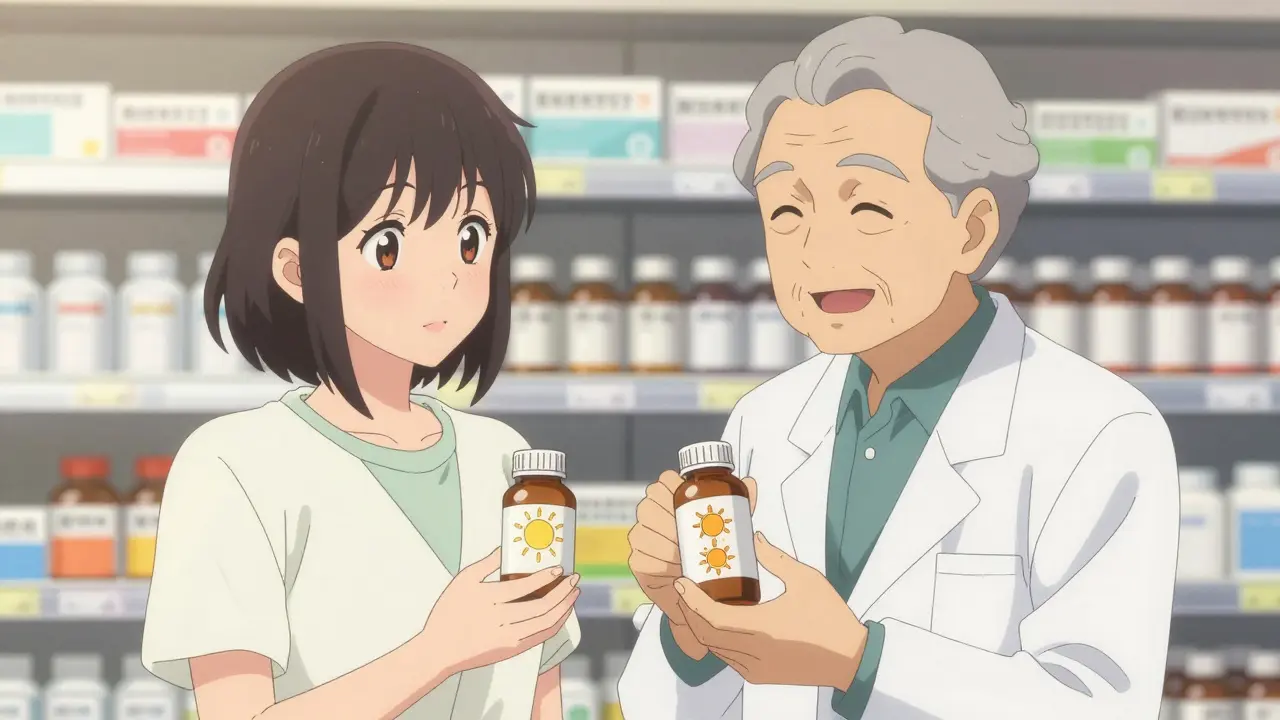 Pharmacien et patient examinant des flacons de médicaments avec des pictogrammes clairs de fréquence de prise.