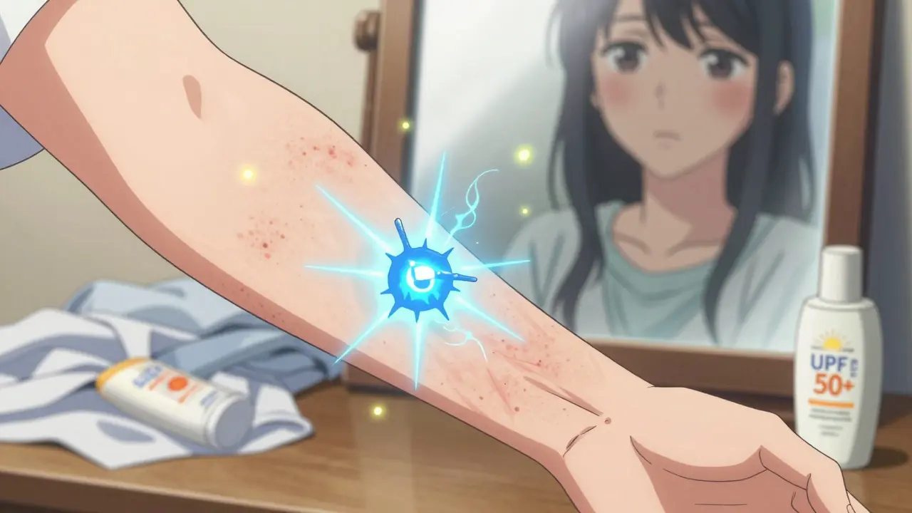 Plan rapproché d'un bras atteint d'une éruption photoallergique, avec des rayons UV et des cellules immunitaires lumineuses.
