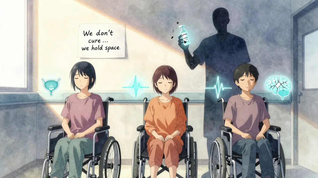 Trois patients en fauteuil roulant dans un couloir hospitalier, entourés de symboles médicaux symbolisant la MSA.