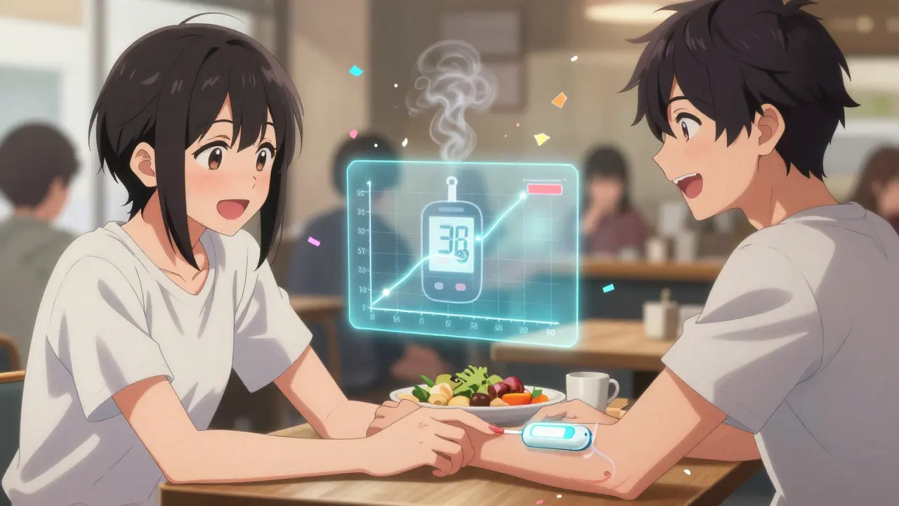 Un adolescent rit avec des amis au café, une pompe à insuline discrète brille sous son manche, tandis qu’un graphe flottant montre une glycémie stable.