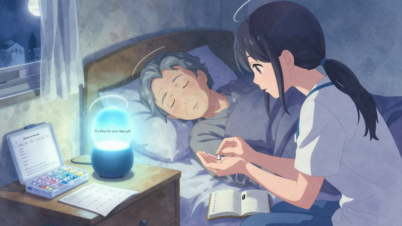 Un aidant pose délicatement un comprimé dans la main d'une personne endormie, sous la lumière de la lune et un rappel vocal.