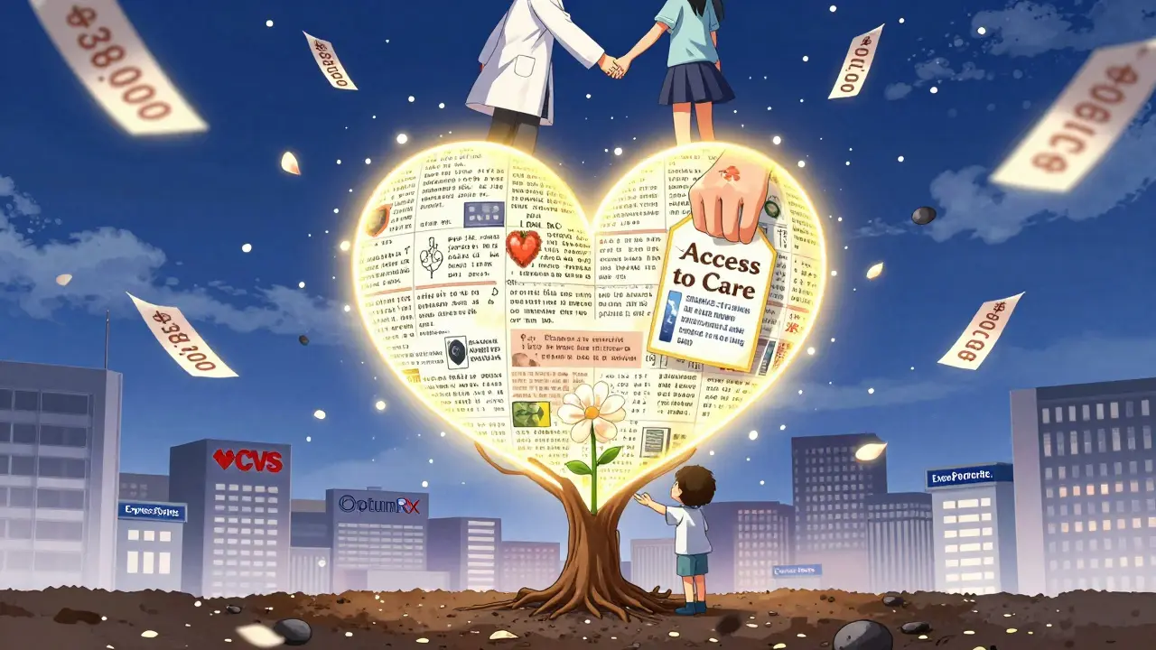 Un arbre de soins médicaux grandit au milieu des géants de l'industrie pharmaceutique.