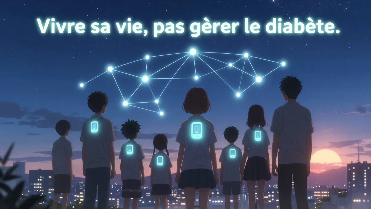 Un groupe de personnes avec des dispositifs médicaux connectés se tient sous un ciel étoilé, relié par des lignes de lumière, symbolisant l’avenir de l’automatisation du diabète.