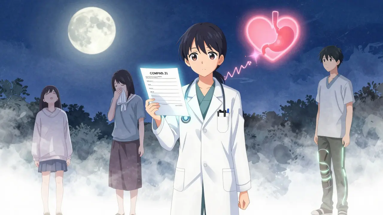 Un médecin montrant un questionnaire lumineux à trois patients présentant des symptômes de neuropathie autonome.