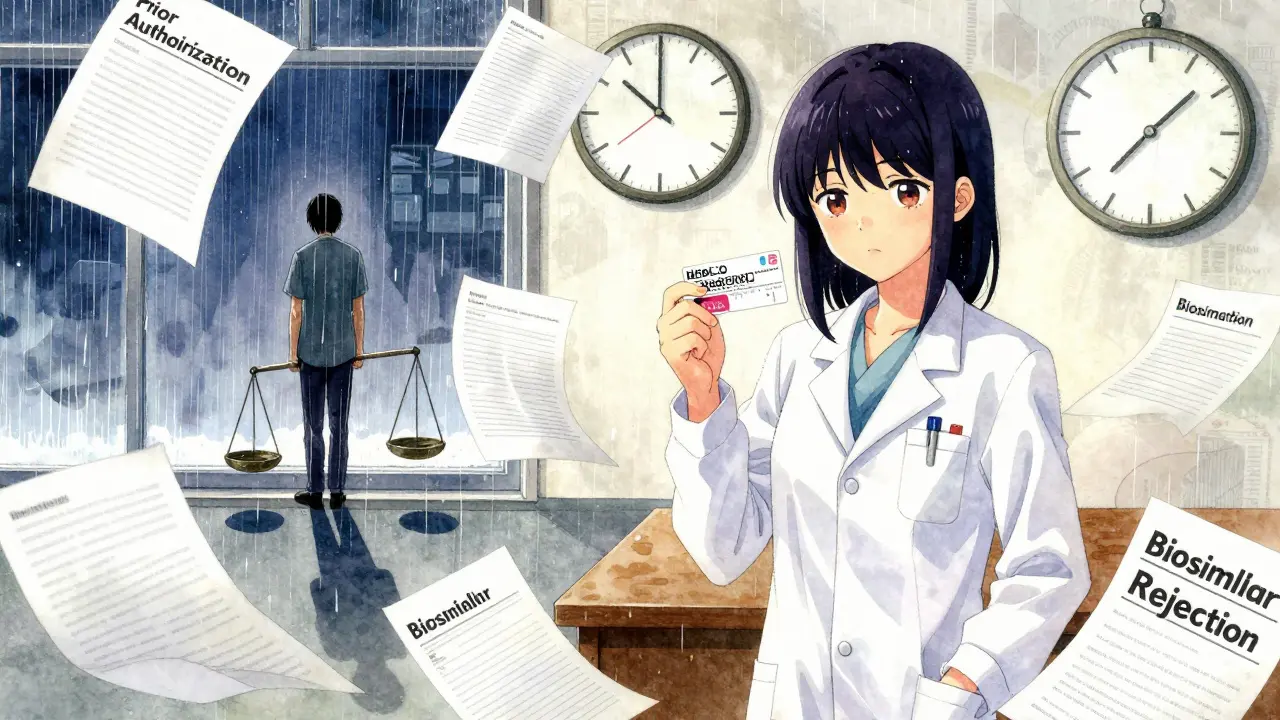 Un médecin submergé par des formulaires administratifs, tandis qu'une patiente attend dans la pluie.