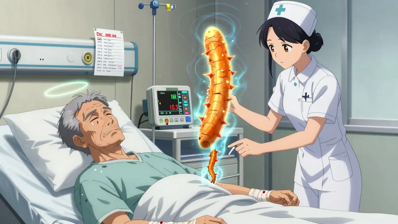 Un patient âgé à l'hôpital, un caillot de sang menaçant et un moniteur INR critique.