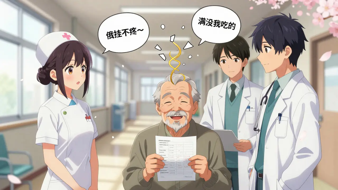 Un patient, une infirmière, un médecin et un pharmacien échangent autour d'une feuille de médicaments, dans un couloir hospitalier aux lumières douces.