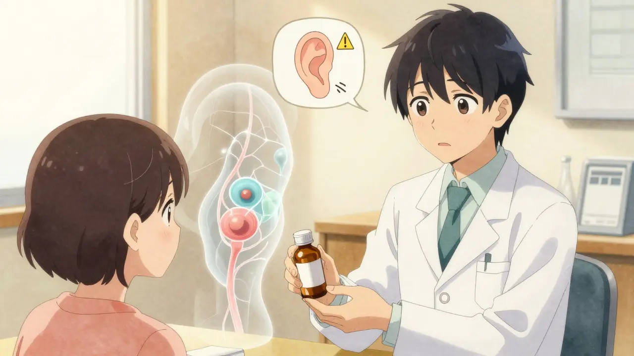 Un pharmacien remet un médicament à un patient, tandis que des cellules auditives fragiles se brisent en arrière-plan.