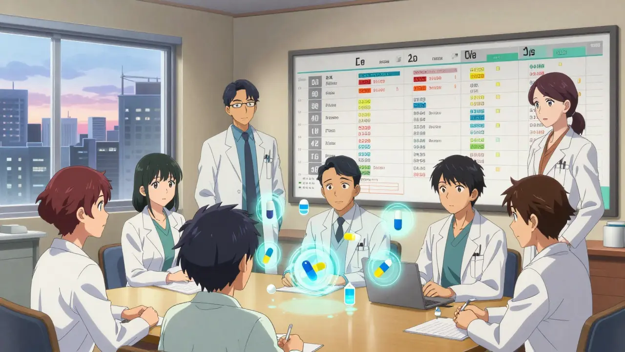 Une équipe médicale planifie la transition des brevets autour d'une carte interactive dans un hôpital.