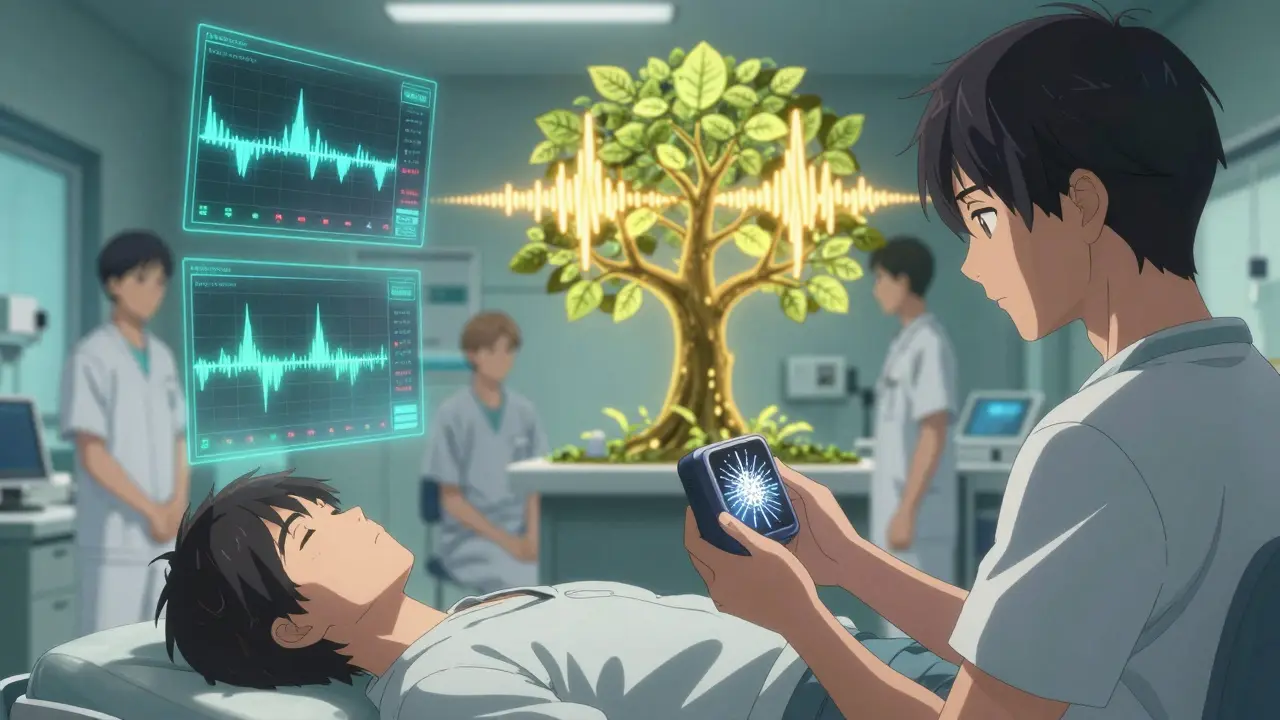 Une équipe médicale surveille un patient en chimiothérapie avec des diagrammes auditifs flottants et un appareil de bruit blanc.