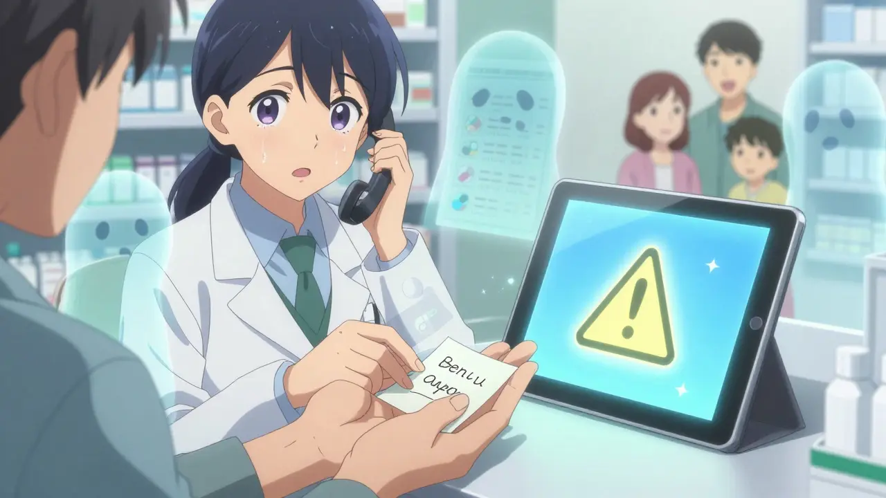Une main de patient remet une note à un pharmacien, tandis qu'une alerte médicamenteuse s'affiche sur un écran, dans une scène émotionnelle et lumineuse.