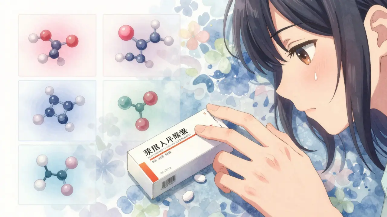 Une main tenant un médicament générique à côté de l'original, avec des motifs floraux symbolisant la guérison.