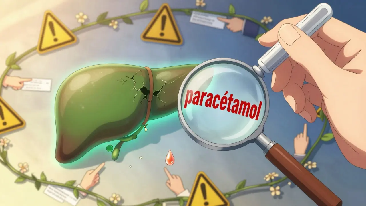 Une main tenant une cuillère mesure avec un foie miniature qui se fissure à cause d'une goutte de vin, des étiquettes de médicaments flottent autour.