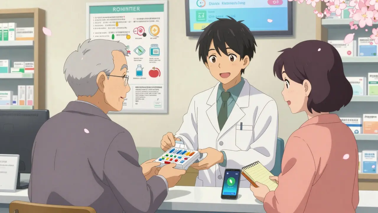 Une pharmacienne remet une dosette préparée à un couple, dans une pharmacie française chaleureuse et bien rangée.