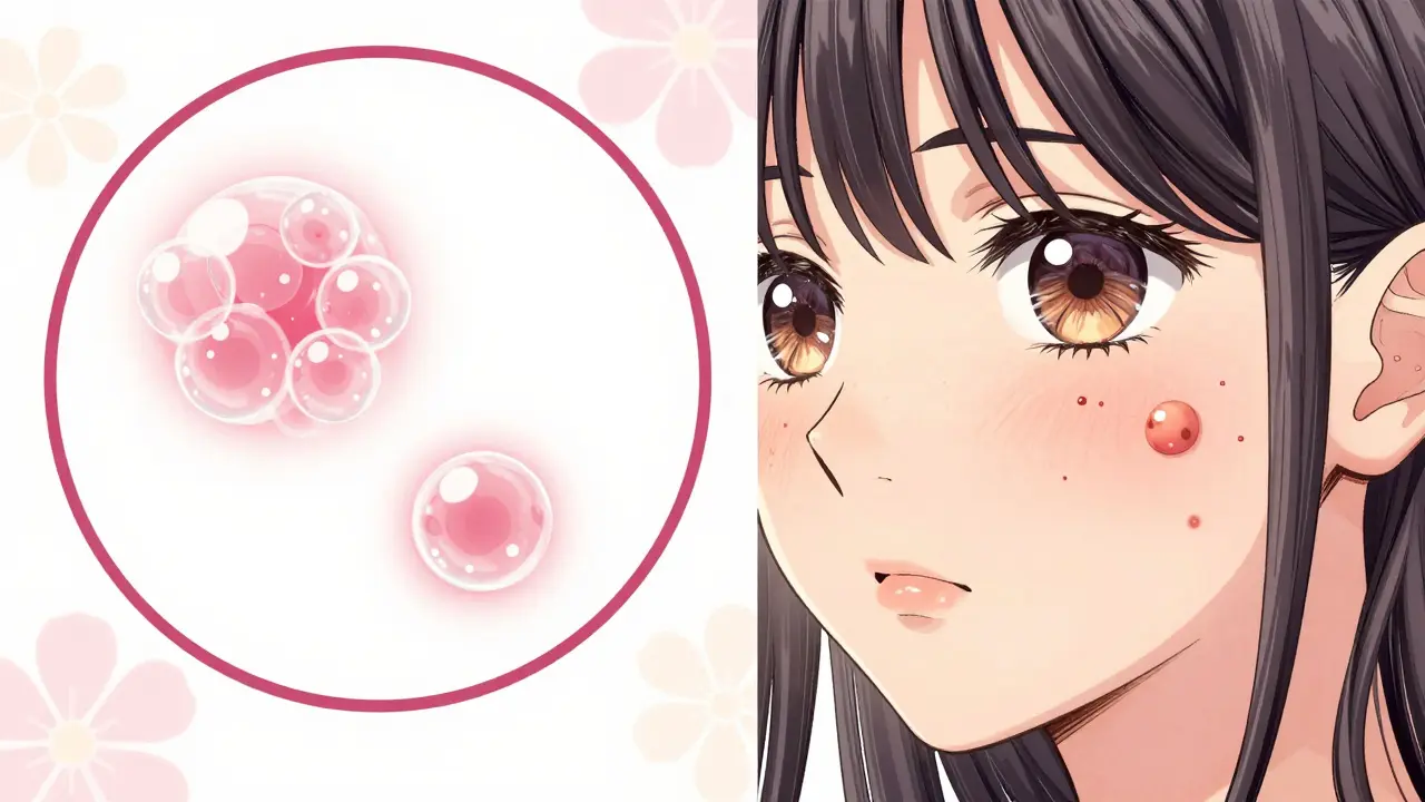 Vésicules sur bord des lèvres et bouton unique sur joue