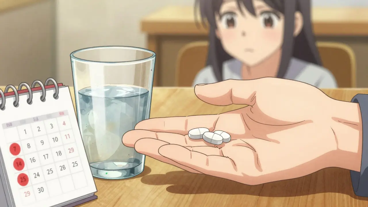 Deux comprimés de riluzole posés sur une table avec un verre d'eau et un calendrier marqué de tests sanguins.