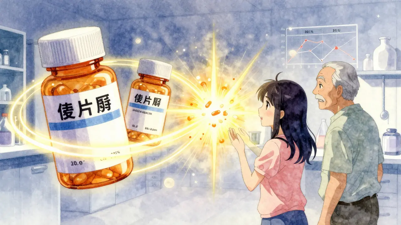 Deux comprimés se transforment en une lumière unifiée, entourés de graphiques de bioéquivalence.