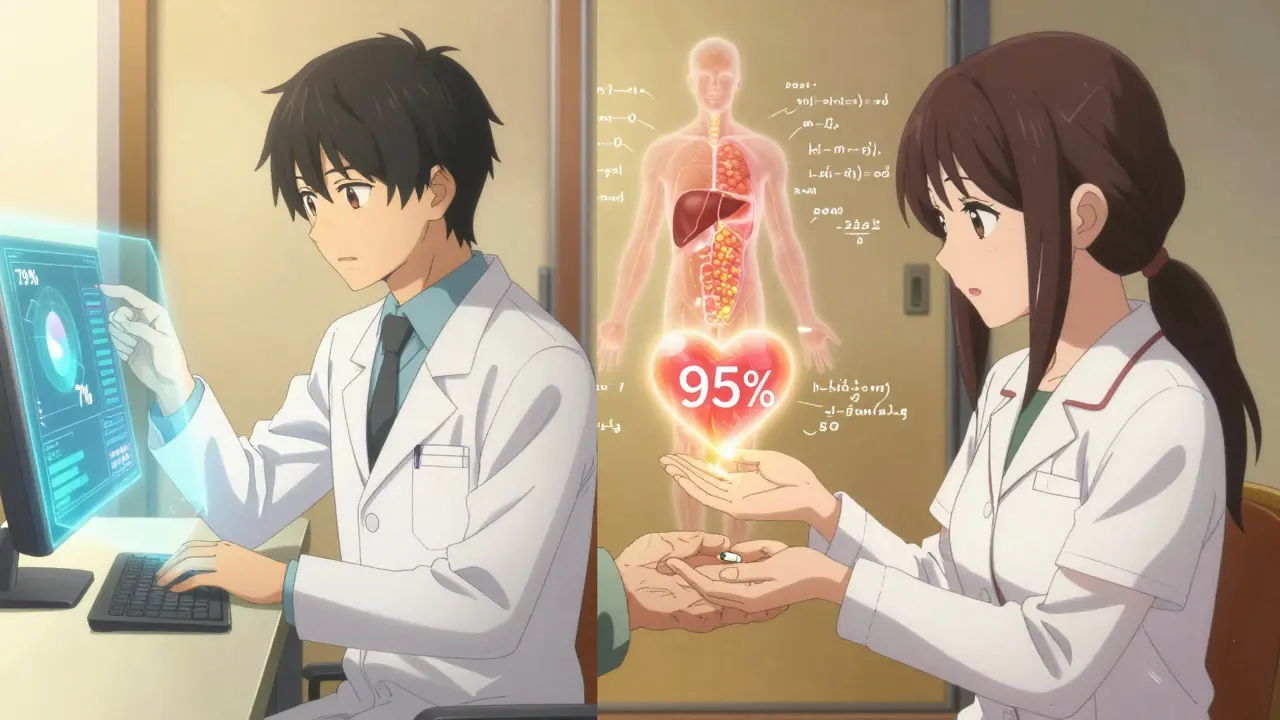 Deux scènes contrastées montrant l'absorption différente des médicaments chez les hommes et les femmes, avec des données lumineuses et un corps humain transparent.