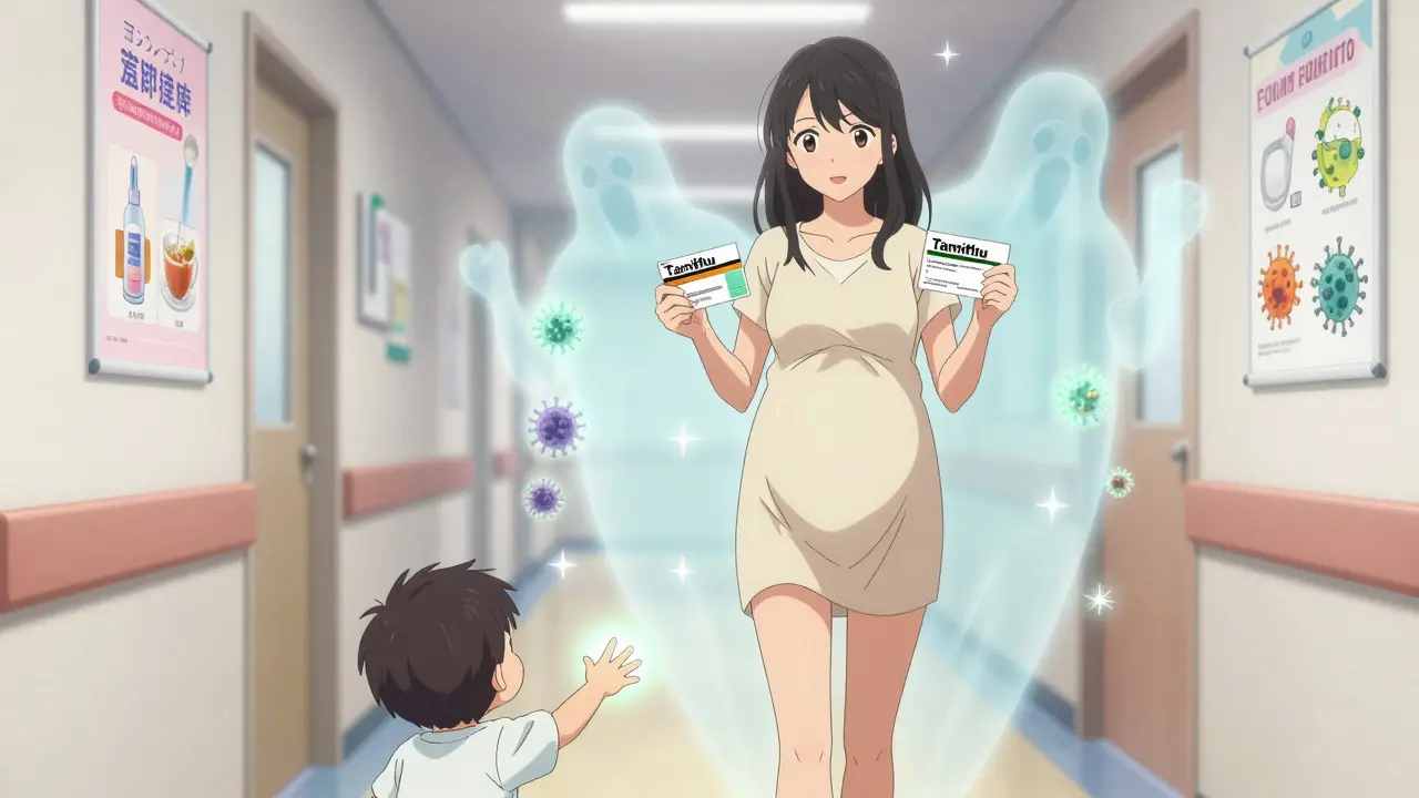 Femme enceinte tenant une ordonnance de Tamiflu et un carnet de vaccination, les virus de la grippe disparaissant en étincelles.