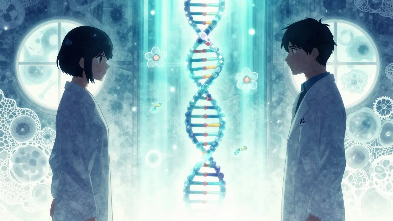 Héliçoïde ADN lumineux entre scientifique et patient