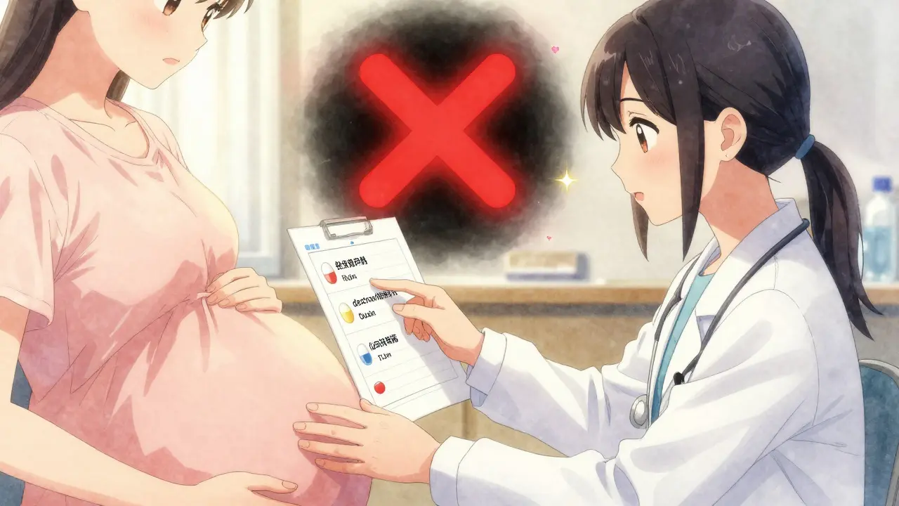 Médecin expliquant à une femme enceinte les médicaments autorisés pendant la grossesse, avec des médicaments interdits en arrière-plan floutés.