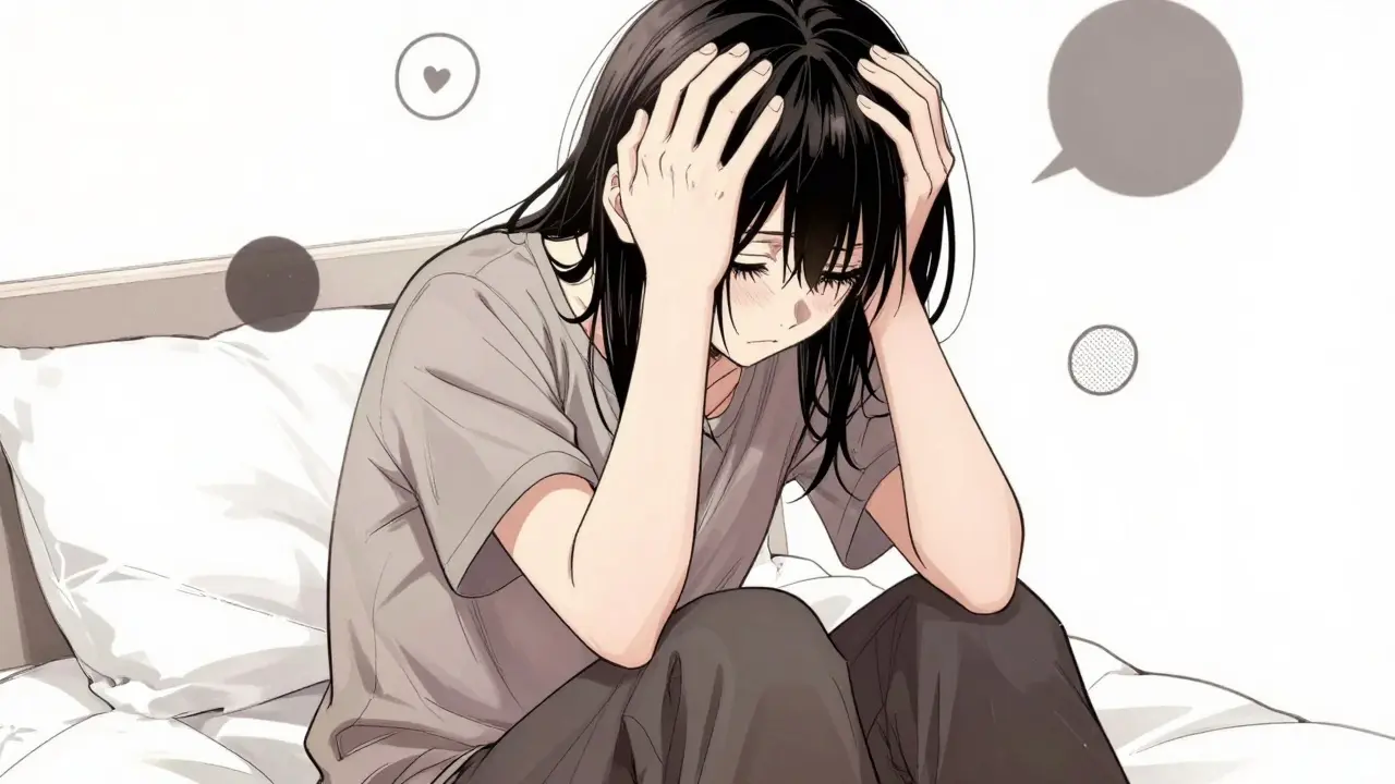 Personnage malade tenant sa tête pour soulager la douleur.