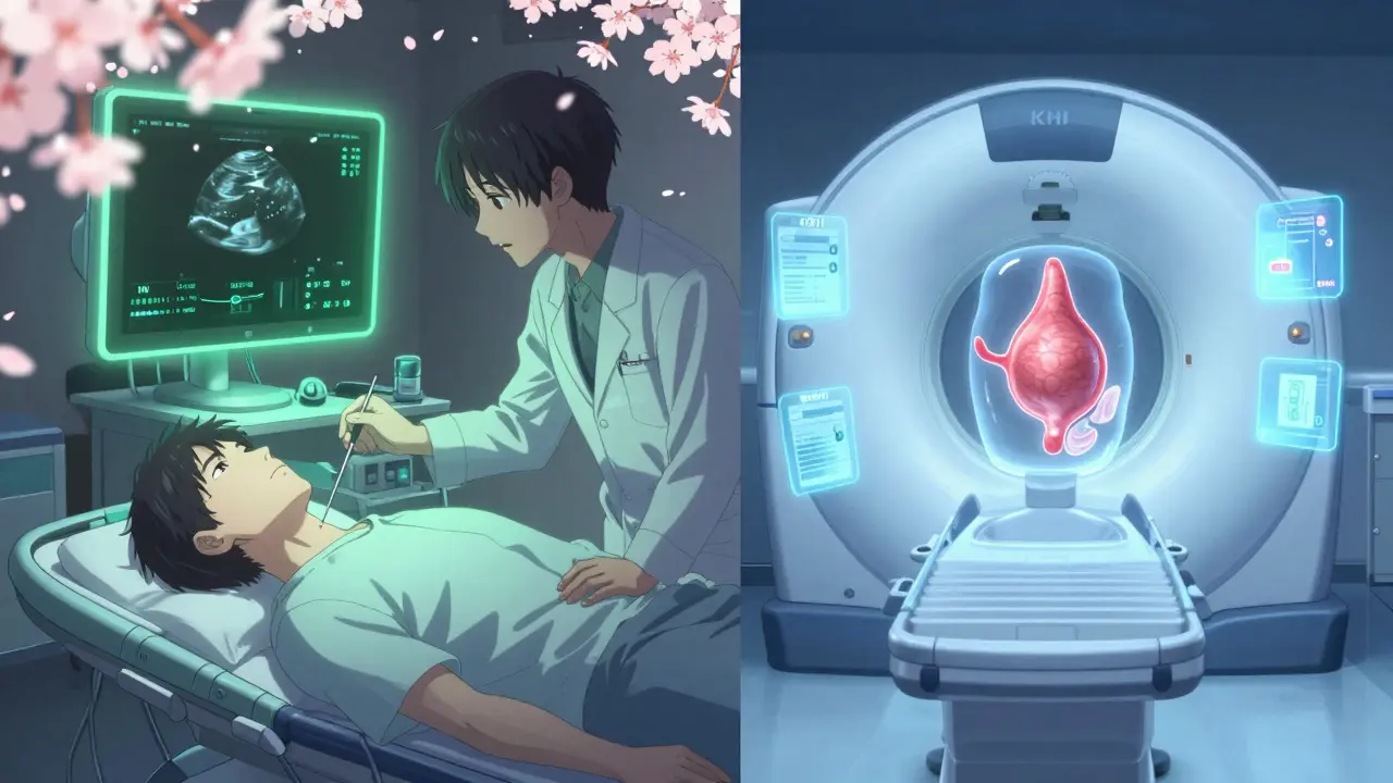 Scène comparant une biopsie invasive et une IRM apaisante, avec des éléments flottants représentant des tests sanguins.