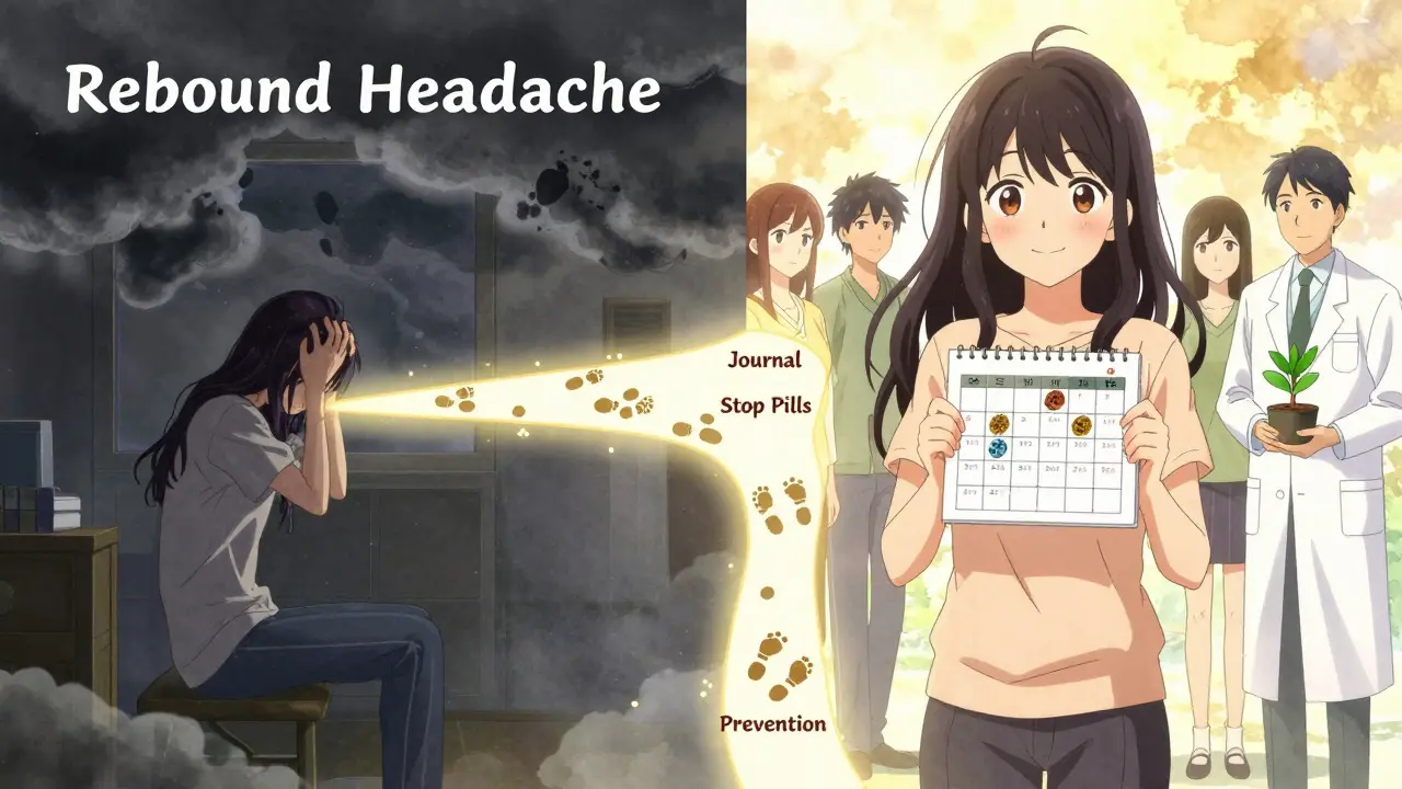 Scène divisée : d'un côté, une femme en douleur dans l'obscurité ; de l'autre, la même femme souriant sous le soleil avec un calendrier sain.