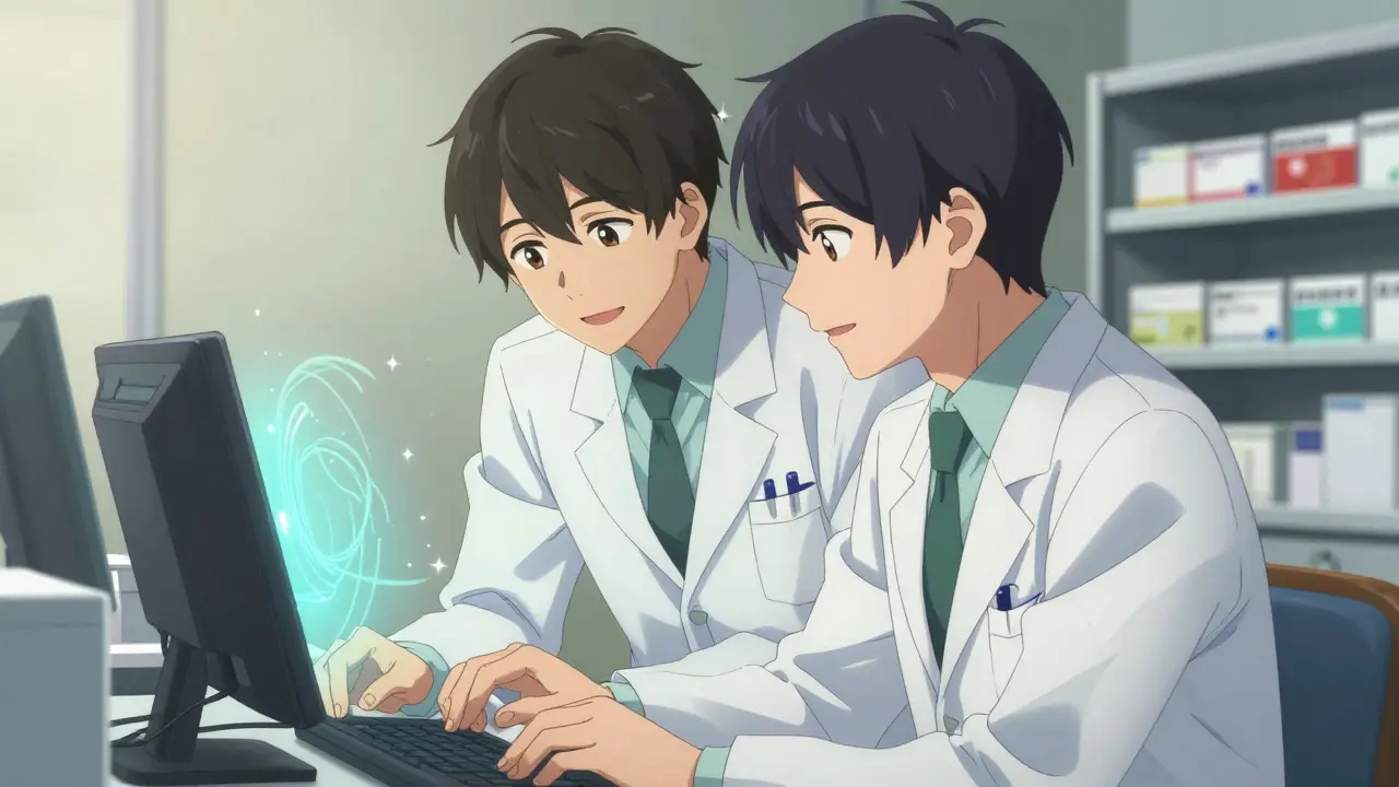 Scène manga : collaboration entre un pharmacien et un technicien de santé.