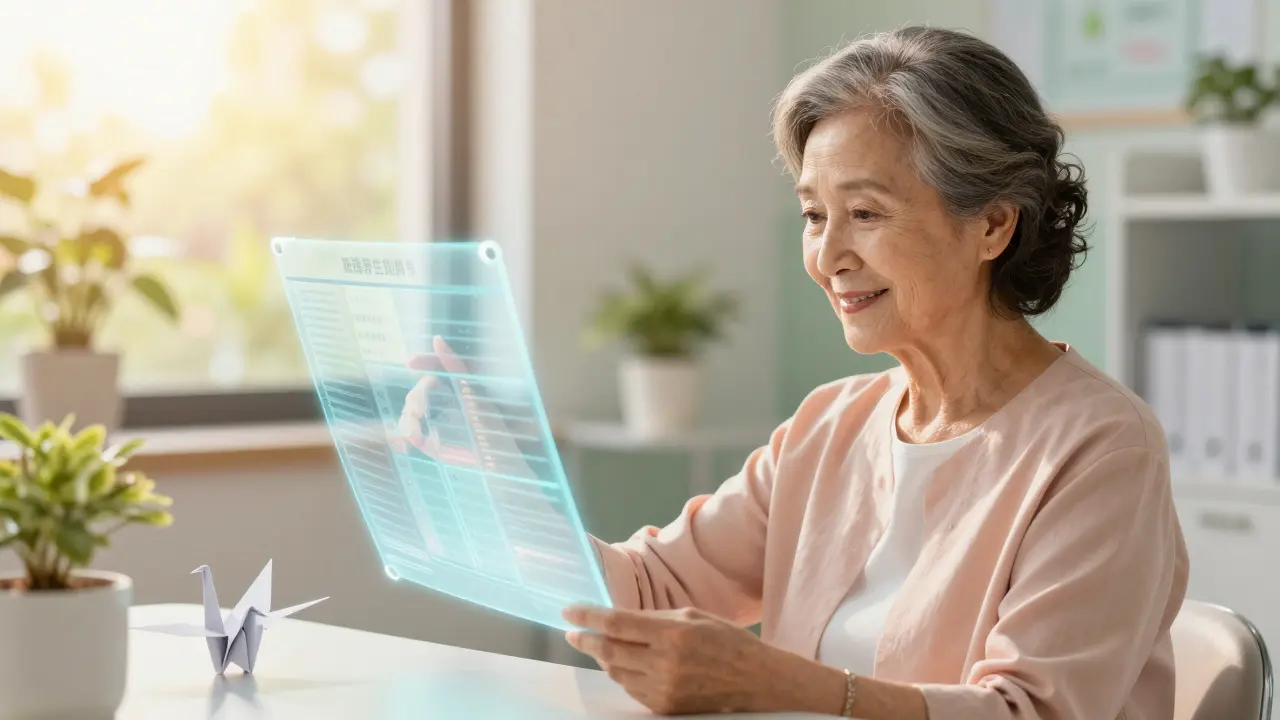 Senior heureuse lisant ses données génétiques