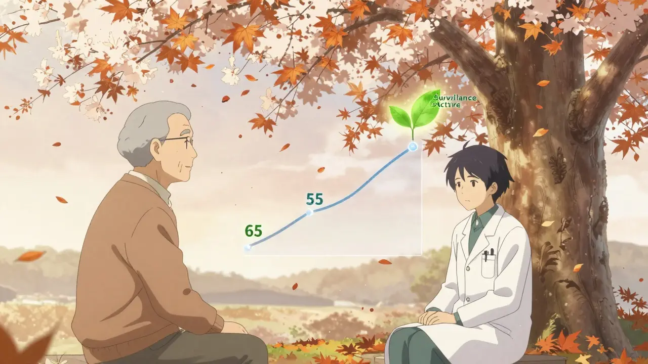 Un homme âgé et son médecin discutent sous un arbre, avec un historique de PSA qui flotte comme des feuilles automnales.