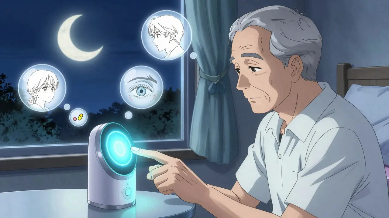 Un homme âgé vérifie la prise de ses médicaments grâce à un distributeur intelligent qui scanne son iris sous la lumière douce de la nuit.