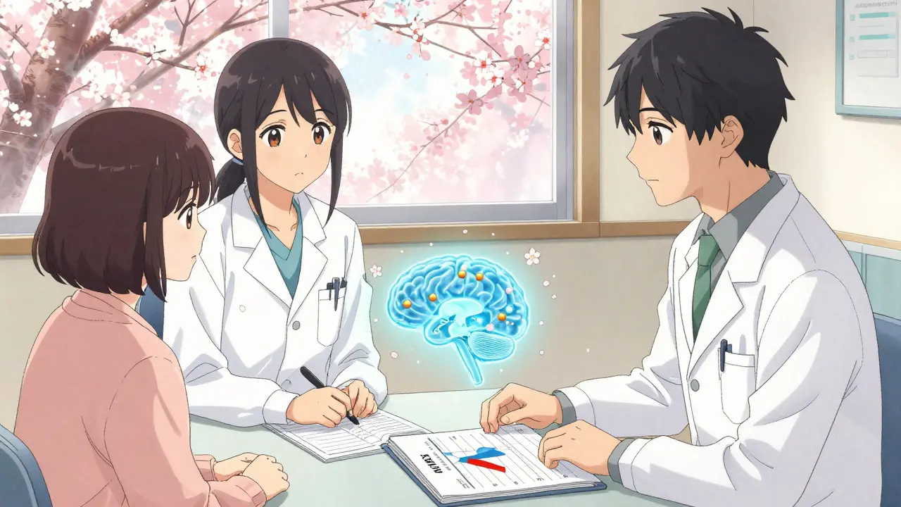 Un médecin et un patient discutent dans une salle ensoleillée, avec un diagramme cérébral en fleurs de cerisier.