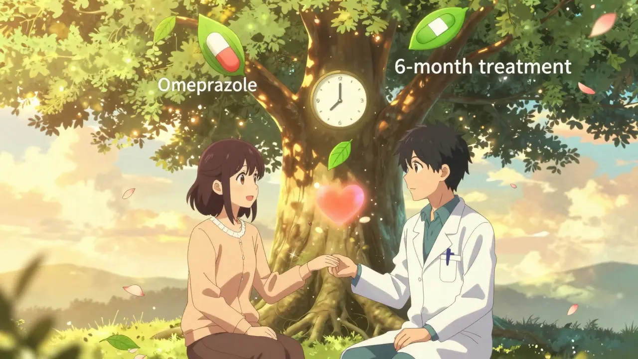 Un médecin et un patient sous un arbre aux racines et branches symbolisant une nouvelle stratégie de traitement réduite à 4 mois.