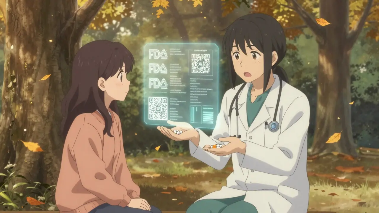 Un médecin explique les génériques à un patient sous un arbre, avec des données holographiques flottantes.