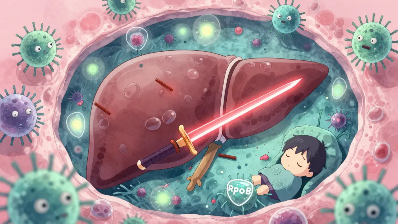 Un monde microscopique dans le foie où des molécules de rifampicine combattent des bactéries de la tuberculose, certaines dotées de boucliers de résistance.