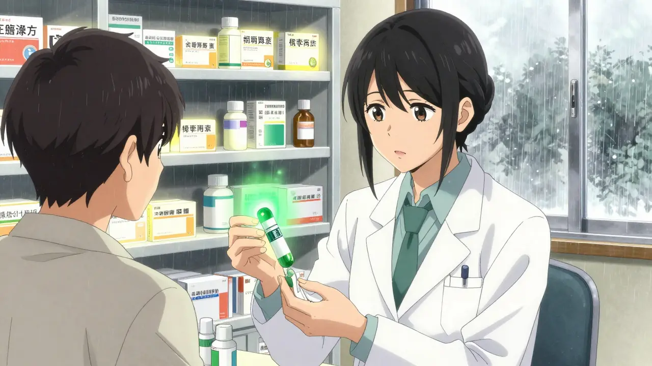 Un pharmacien reçoit un médicament suspect d'un patient, avec des médicaments authentiques qui brillent derrière eux.