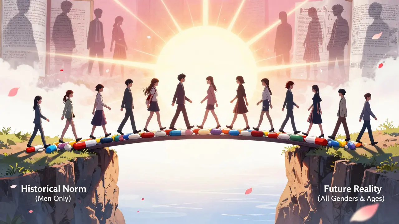 Un pont symbolique reliant les anciennes pratiques à une nouvelle réalité équitable, avec des figures diverses marchant sous un soleil levant.