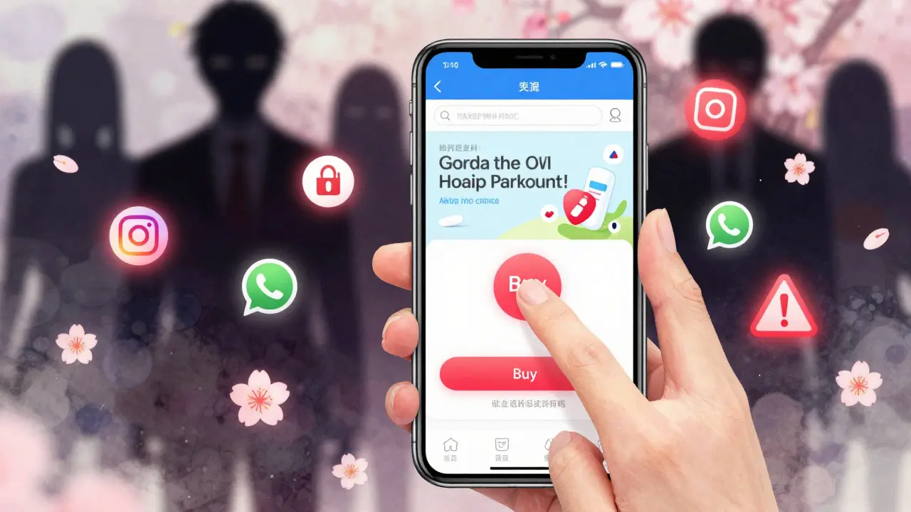 Un téléphone affiche un site de pharmacie en ligne frauduleux, avec des icônes de réseaux sociaux autour.