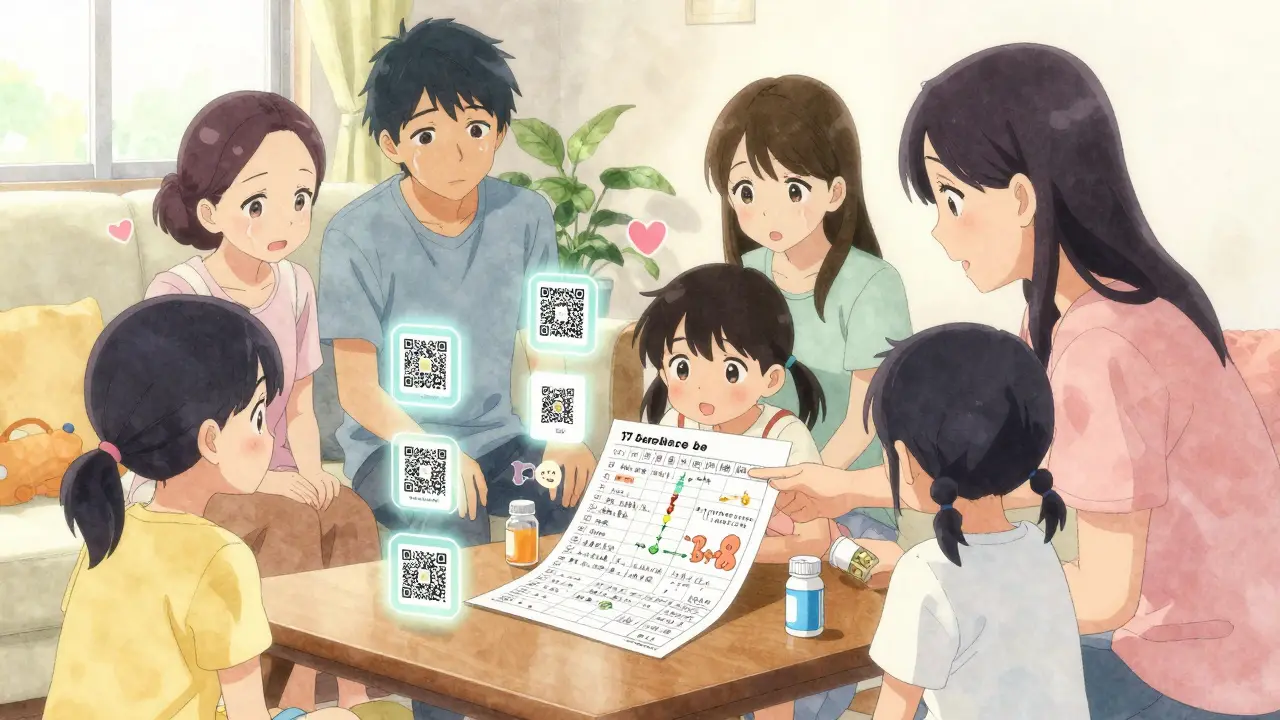 Une famille étudie une liste de médicaments avec des codes QR multilingues, symbolisant la compréhension et la prévention des erreurs.