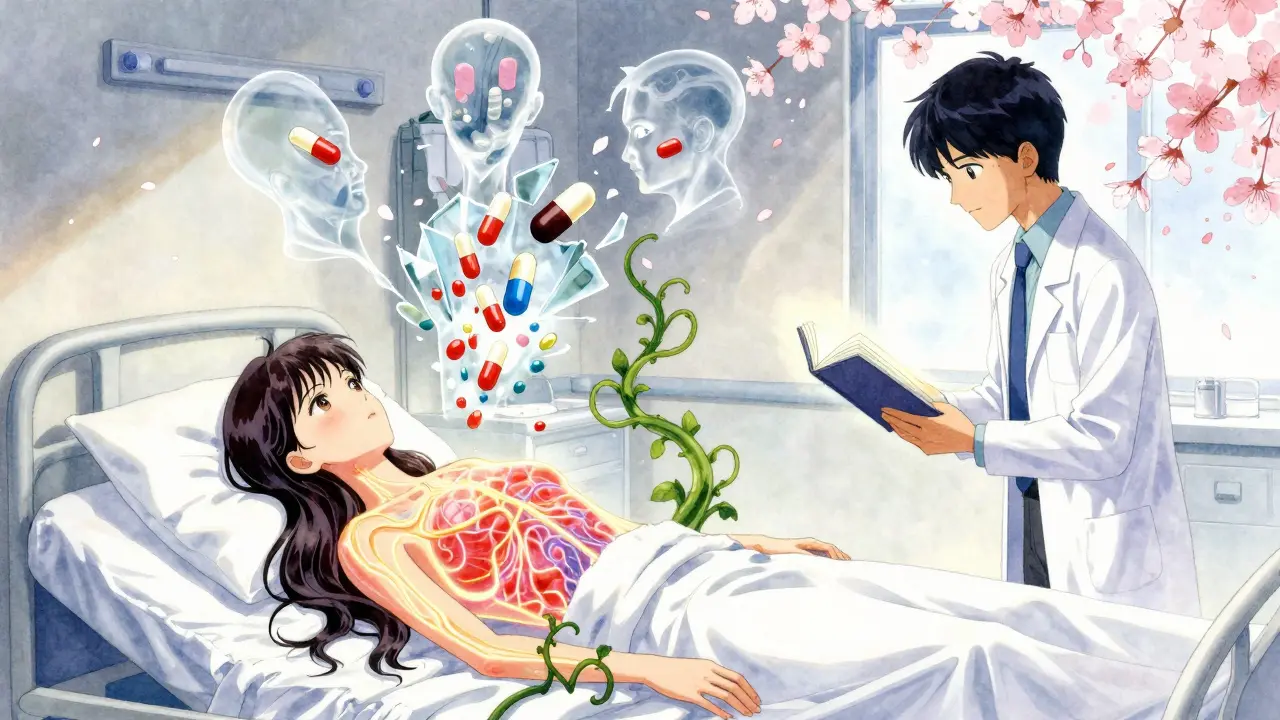 Une femme dans une chambre d'hôpital, avec des voies nerveuses lumineuses et des médicaments qui se brisent, entourée de nouvelles plantes de prévention.